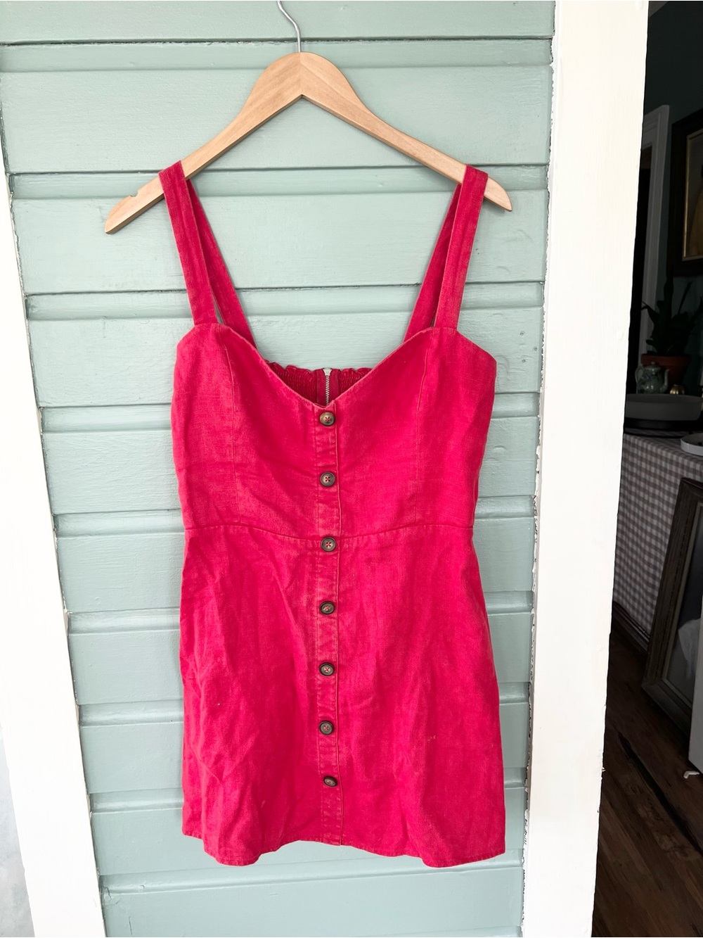 Reformation Finn red 100% linen mini dress button front summer vacation size 8 - Picture 2 of 9